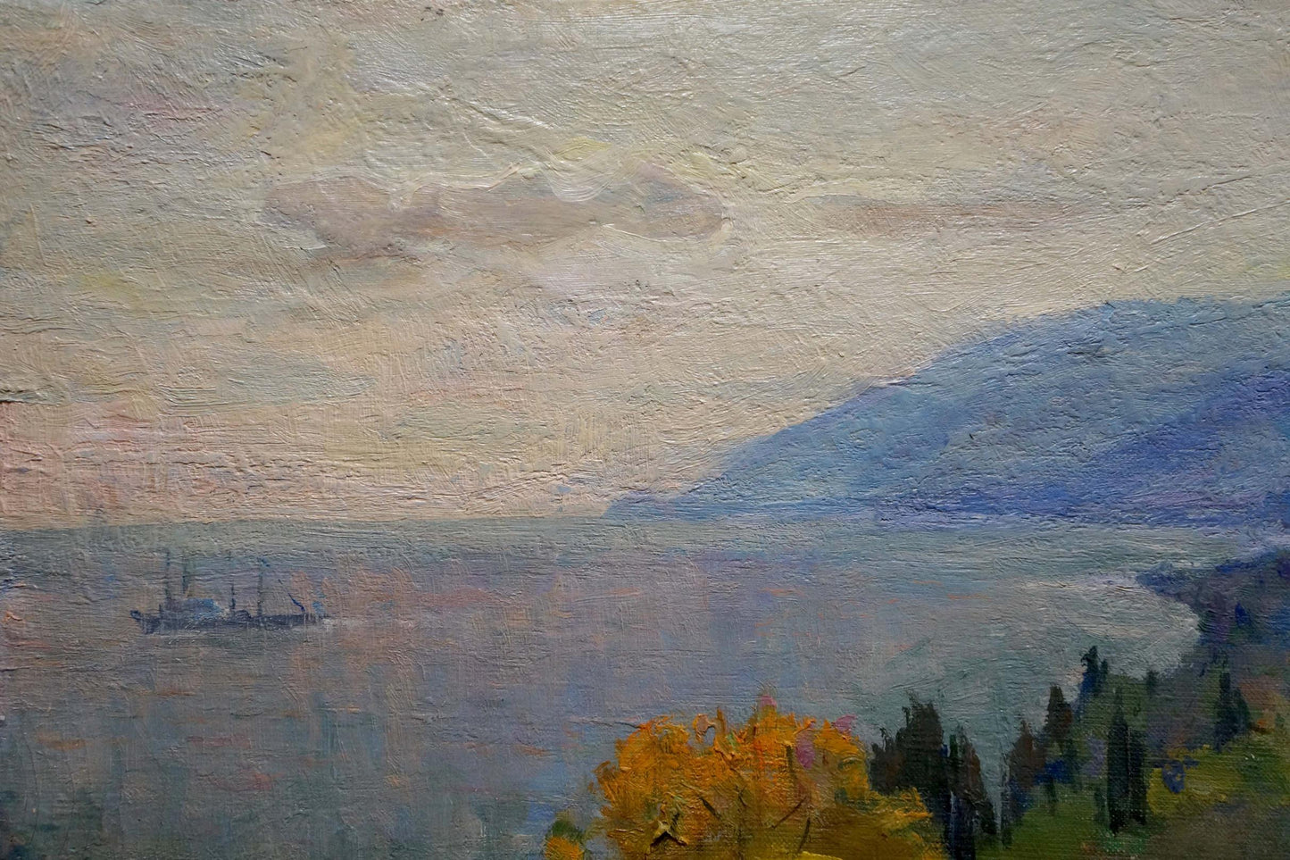 Muted oil painting of Odessa landscape by Matyushin N. with ship and autumn trees