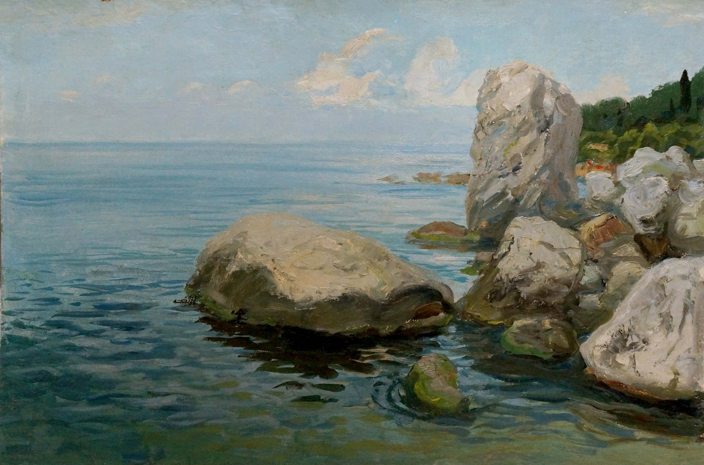 Oil painting of summer seashore with rocks in calm blue water