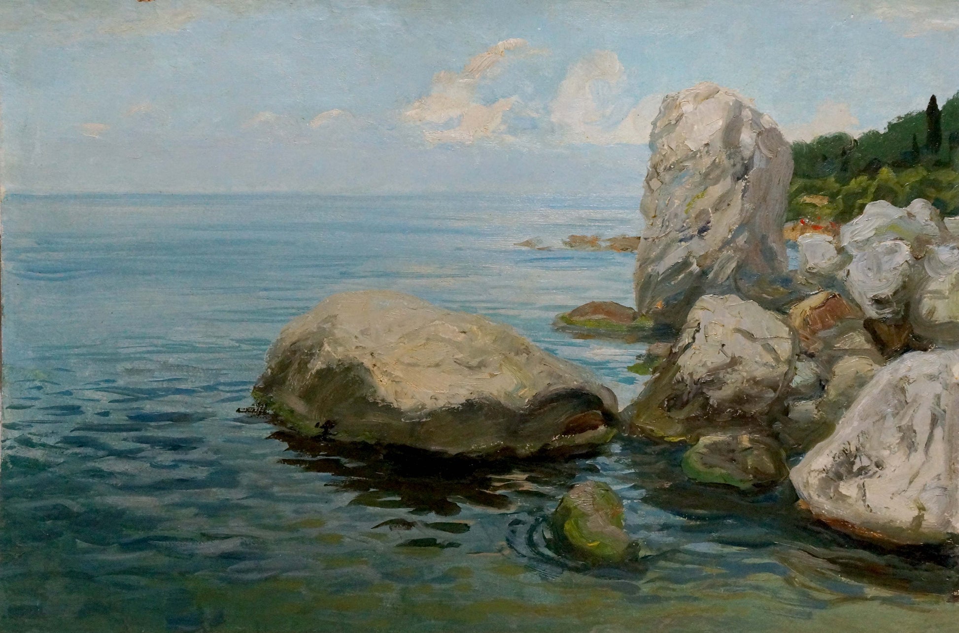 Oil painting of summer seashore with rocks in calm blue water