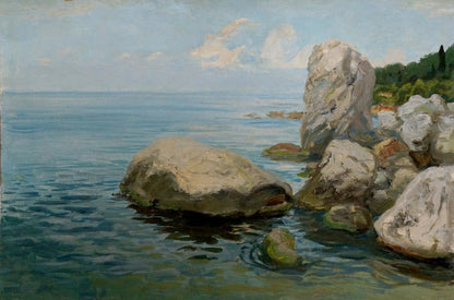 Oil painting of summer seashore with rocks in calm blue water