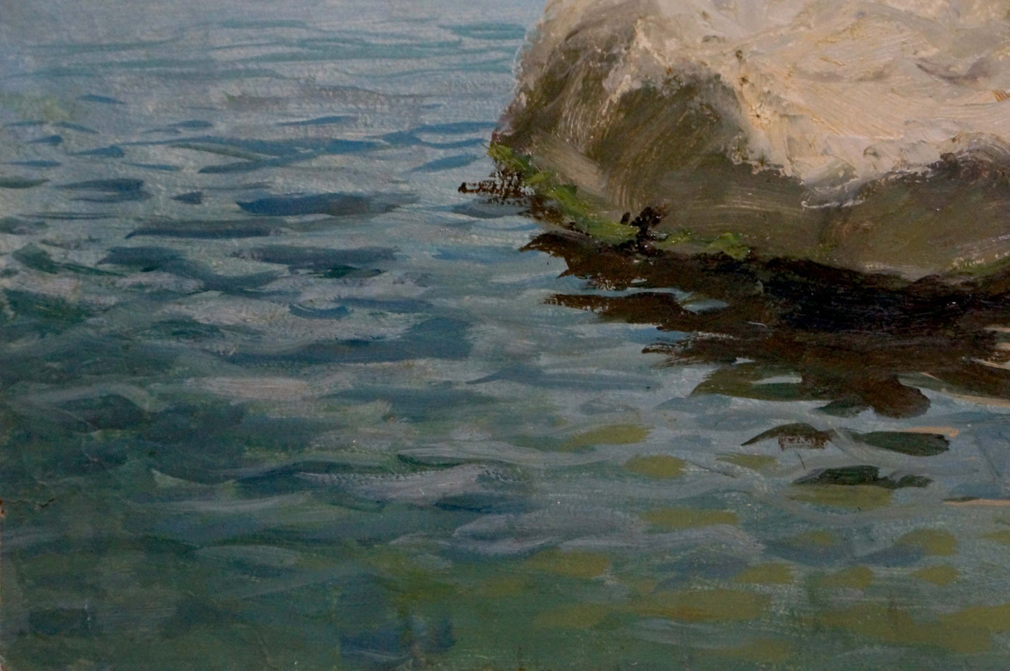 Oil painting of textured beige rock with green algae at summer seashore edge