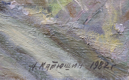 Oil painting Odessa landscape by Matyushin N in muted greens and grays