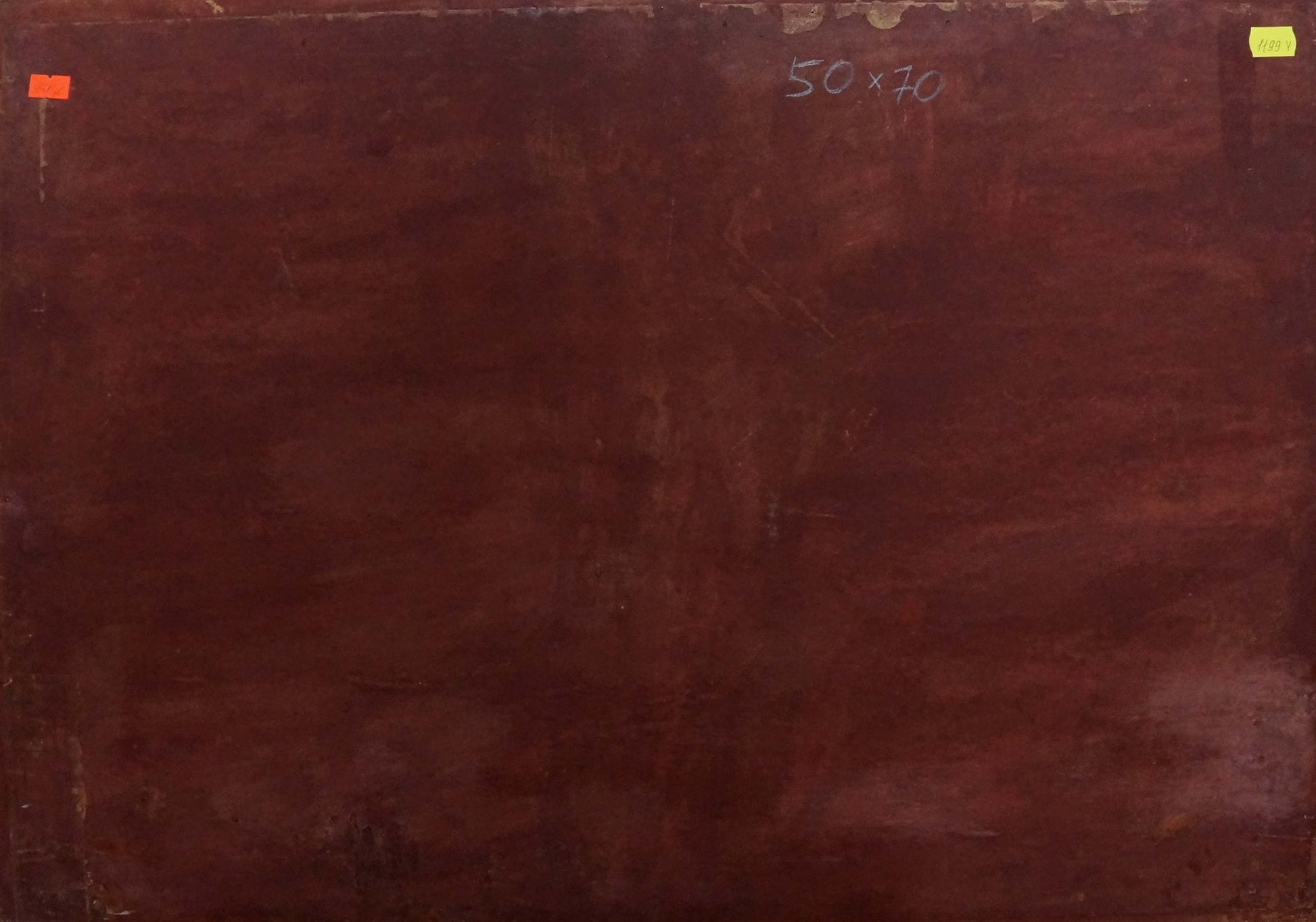 Back of oil painting Summer seashore on dark reddish-brown wooden panel