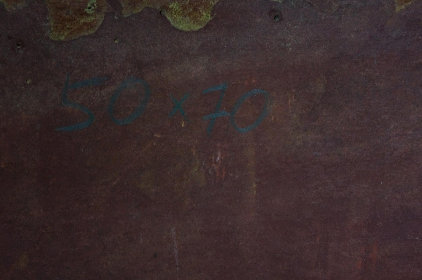 Back of Oil painting Summer seashore with 50 x 70 faded markings
