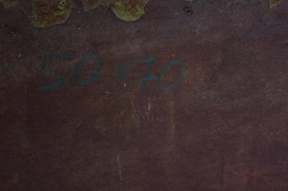 Back of Oil painting Summer seashore with 50 x 70 faded markings