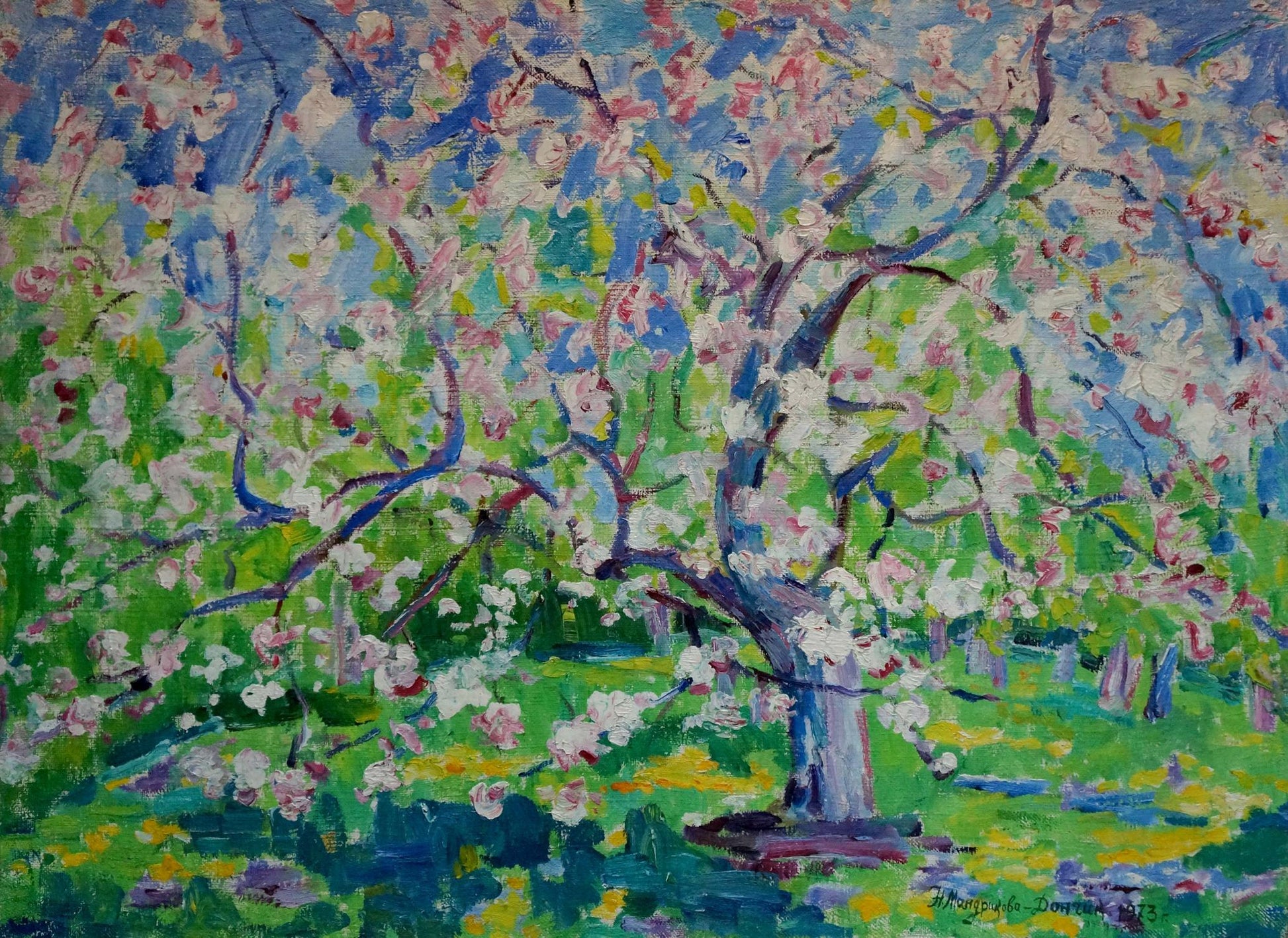 Vibrant impressionist oil painting of blooming apple tree by Mandrikova - Donchik Nadezhda Alekseevna