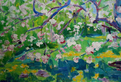 Vibrant impressionist oil painting of blooming apple tree by Mandrikova - Donchik Nadezhda Alekseevna