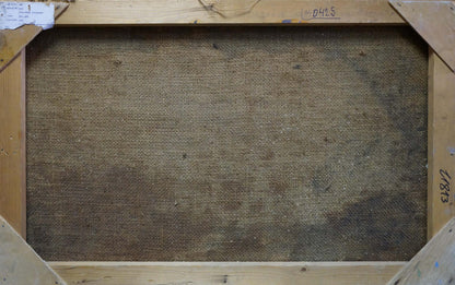 Back of framed Oil painting Landscape in Sednev Tyukha Ivan Andreevich with textured dark brown fabric and wooden stretcher bars