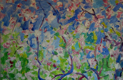 Vibrant impressionist oil painting of blooming apple tree by Mandrikova - Donchik Nadezhda Alekseevna
