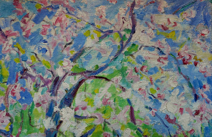 Vibrant impressionist oil painting of blooming apple tree by Mandrikova - Donchik Nadezhda Alekseevna