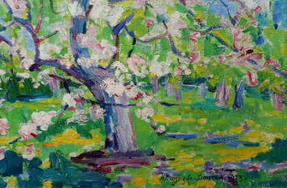 Vibrant impressionist oil painting of blooming apple tree by Mandrikova - Donchik Nadezhda Alekseevna