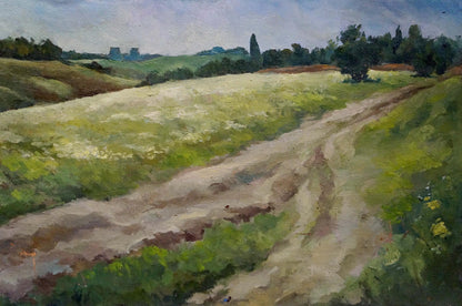 Oil painting by Golubtsov Oleg Georgievich: winding dirt path in lush green field under cloudy sky