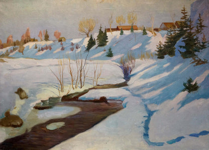 Oil painting Snowdrifts near the stream with snow-covered landscape