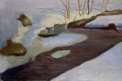 Oil painting Snowdrifts near the stream serene winter landscape