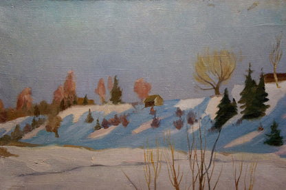 Oil painting Snowdrifts near the stream: serene winter hills, cabin, trees