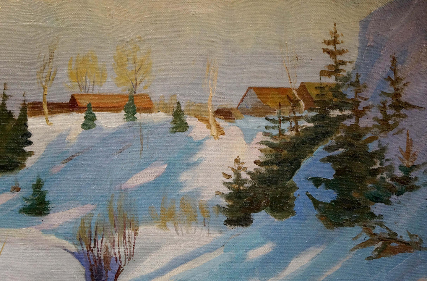 Oil painting Snowdrifts near the stream: snowy hills, evergreens, rustic houses