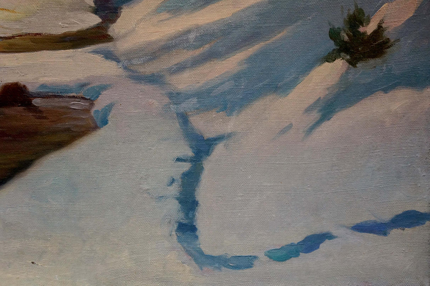 Oil painting Snowdrifts near the stream snowy landscape textured canvas