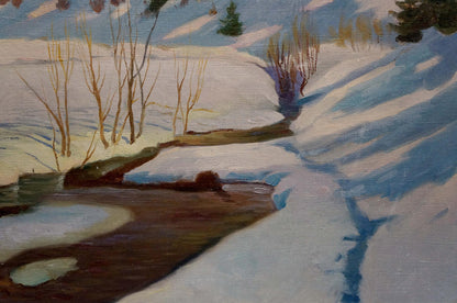Oil painting Snowdrifts near the stream by unknown artist serene winter landscape