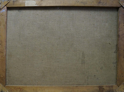 The back of a wooden-framed canvas with a textured, beige linen backing and visible signs of wear.