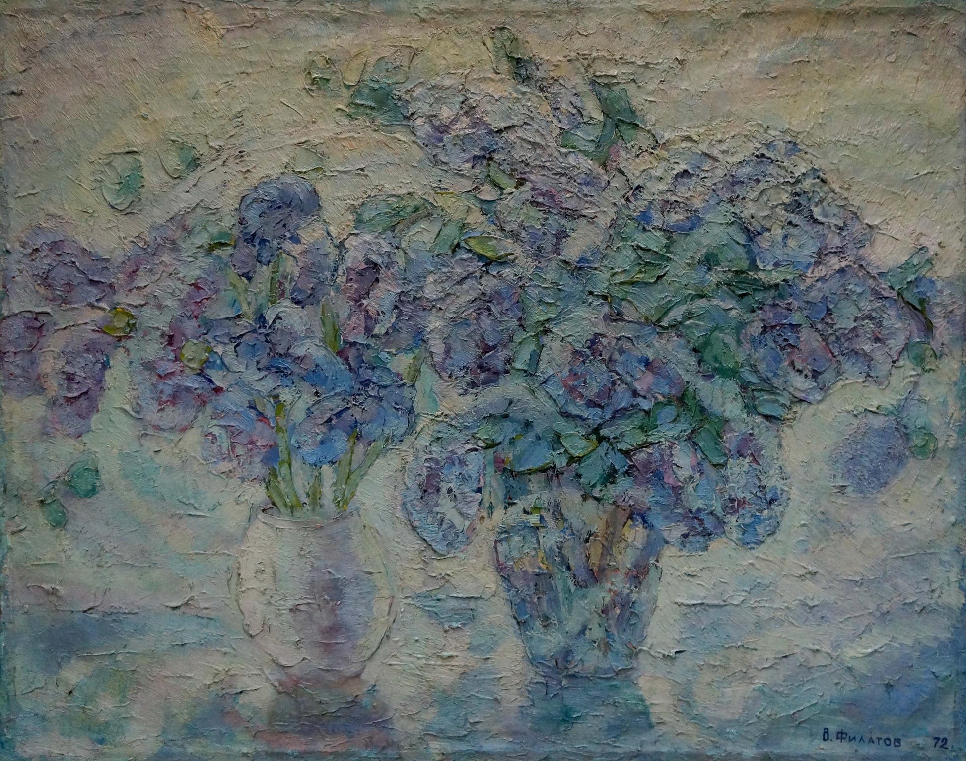 Oil painting of purple blue hydrangeas in vases by Filatov Vladimir Nikolaevich