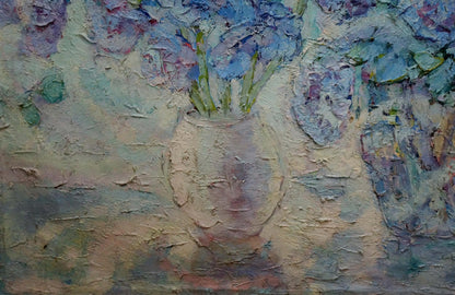 Oil painting of Filatov Vladimir Nikolaevich spring still life with textured ceramic vase and blue flowers