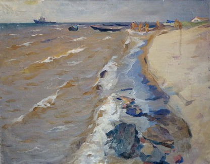 Oil painting By the Shore: impressionistic coastal waves on sandy shore