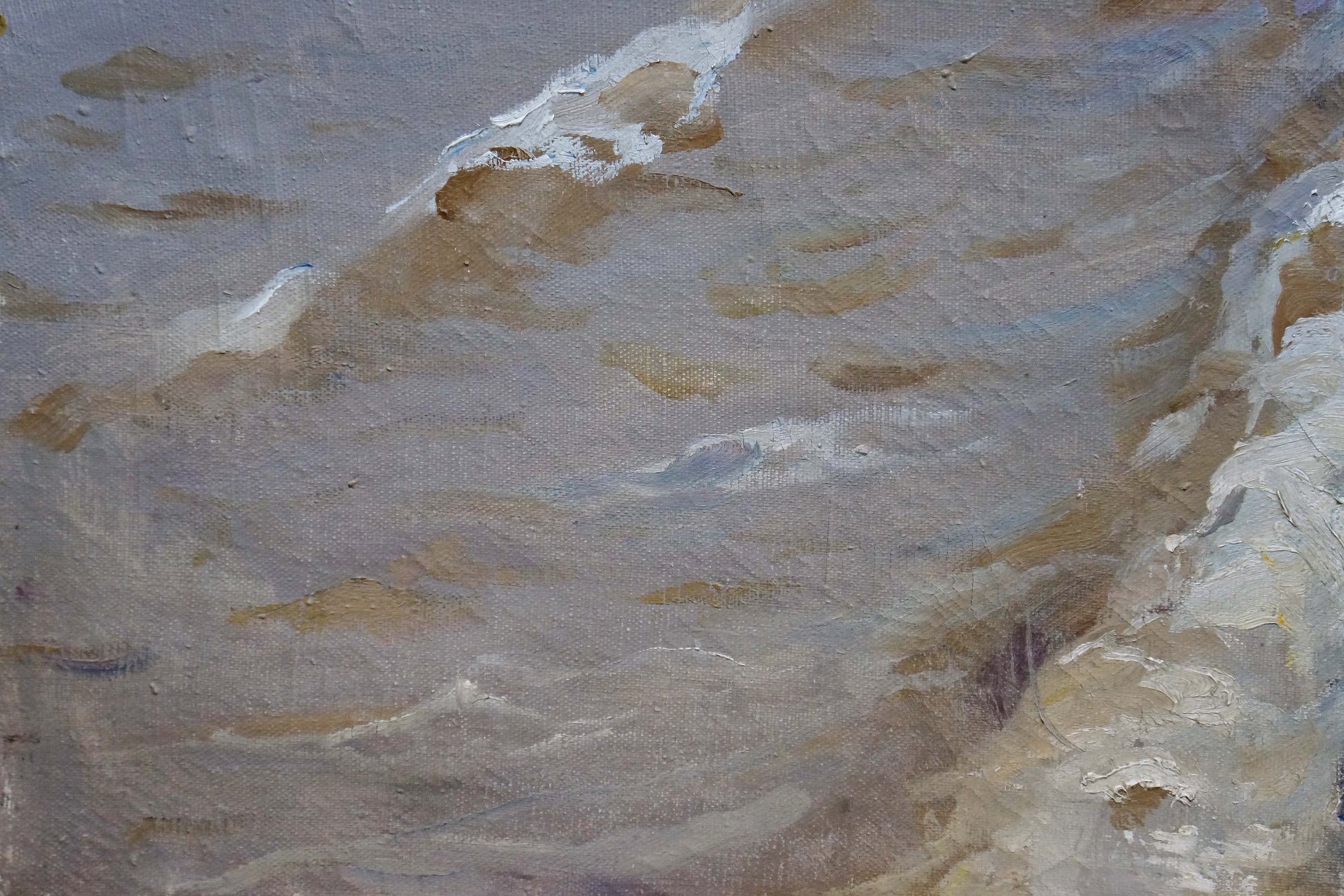 Oil painting By the shore with blended gray beige white textured strokes