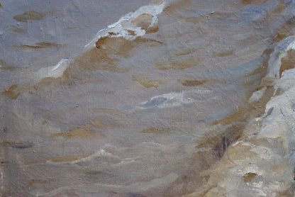 Oil painting By the shore with blended gray beige white textured strokes