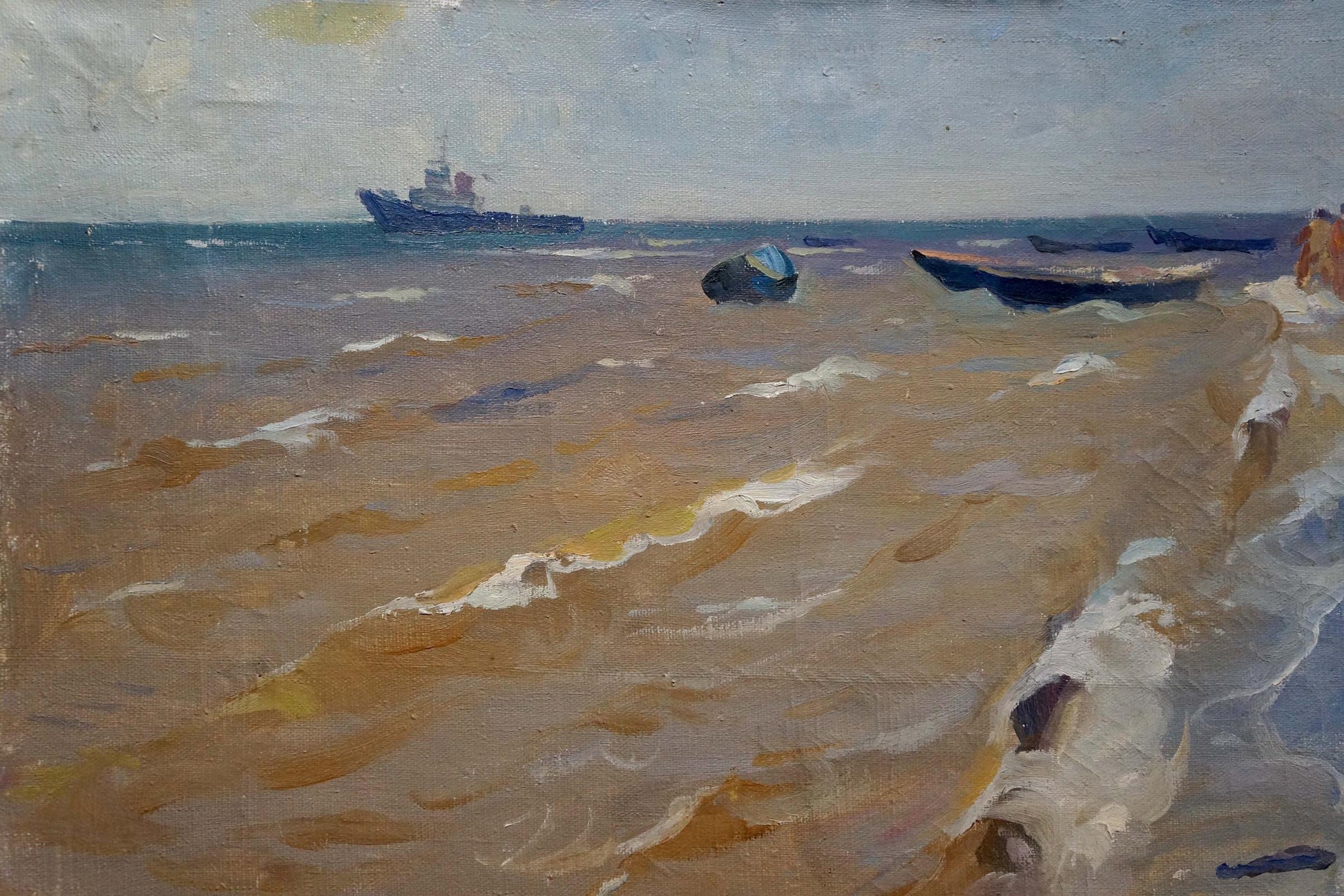 Oil painting By the shore: distant blue ship on horizon over sandy beach
