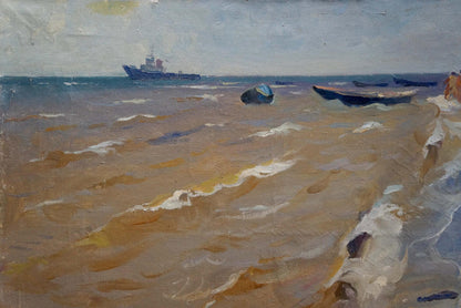 Oil painting By the shore: distant blue ship on horizon over sandy beach