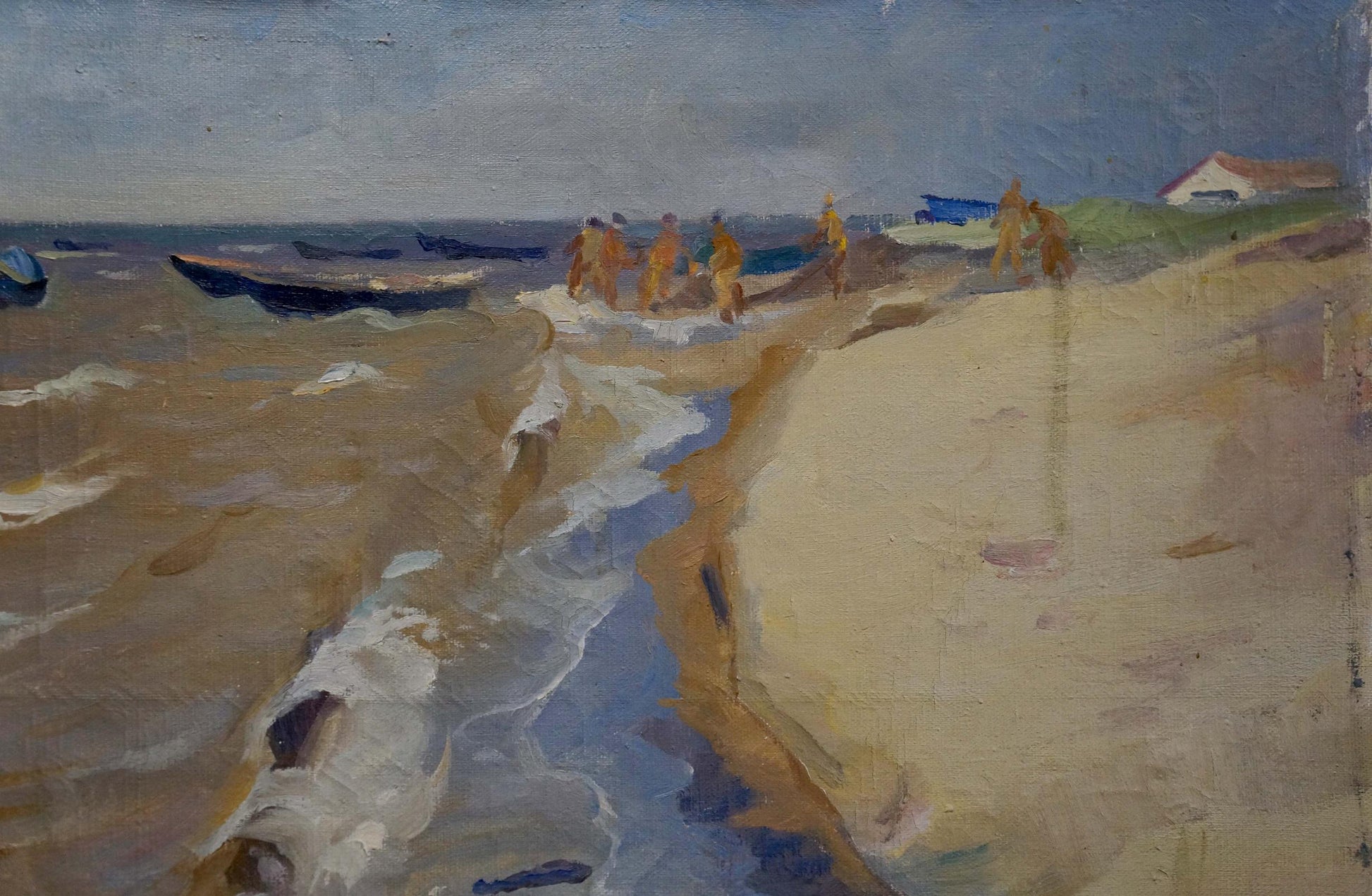 Oil painting By the shore: textured coastal scene in muted earth tones