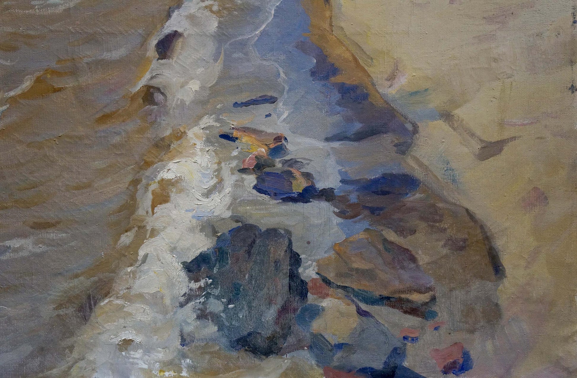 Oil painting By the shore: swirling blue waves crashing on rugged rocks