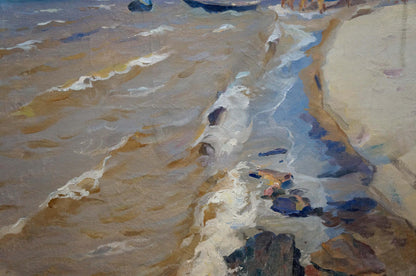 Textured oil painting By the shore of turbulent waves crashing on sandy beach