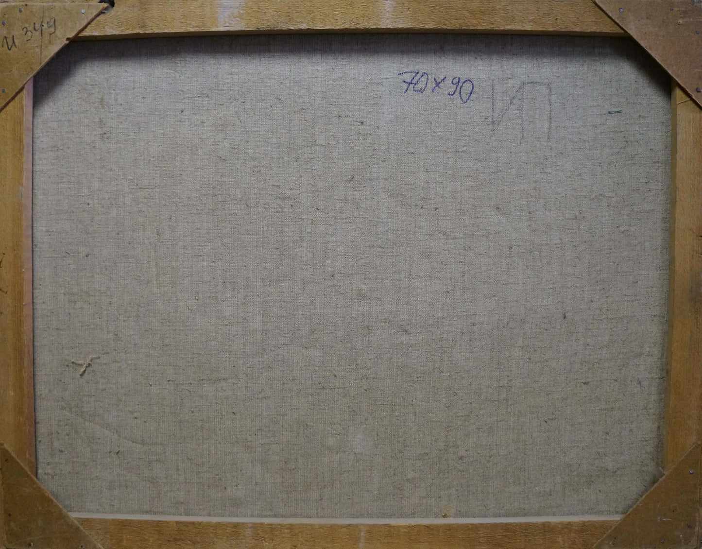 Back of Oil painting By the shore canvas with handwritten dimensions on beige wooden frame