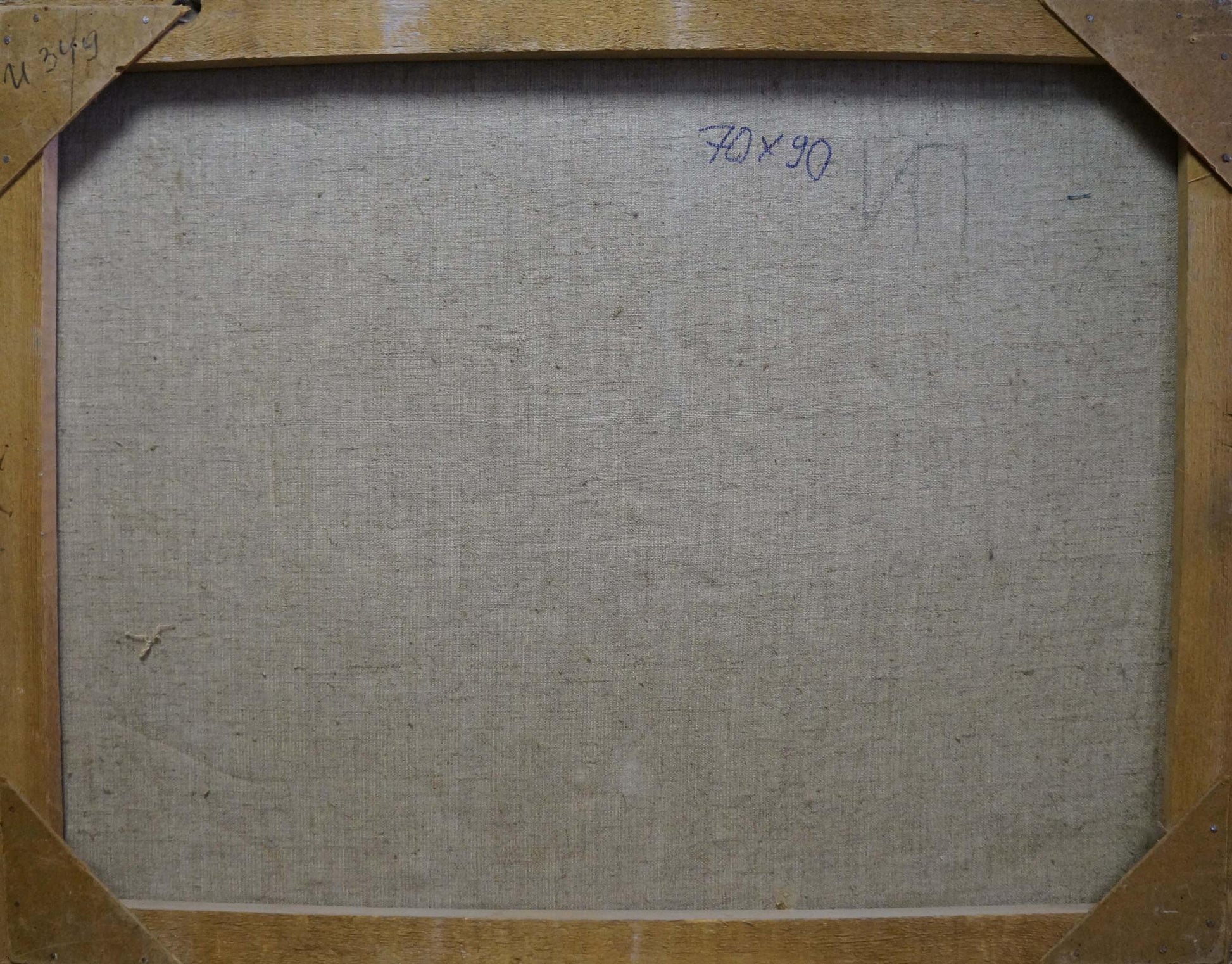 Back of Oil painting By the shore canvas with handwritten dimensions on beige wooden frame
