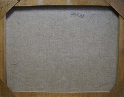 Back of Oil painting By the shore canvas with handwritten dimensions on beige wooden frame