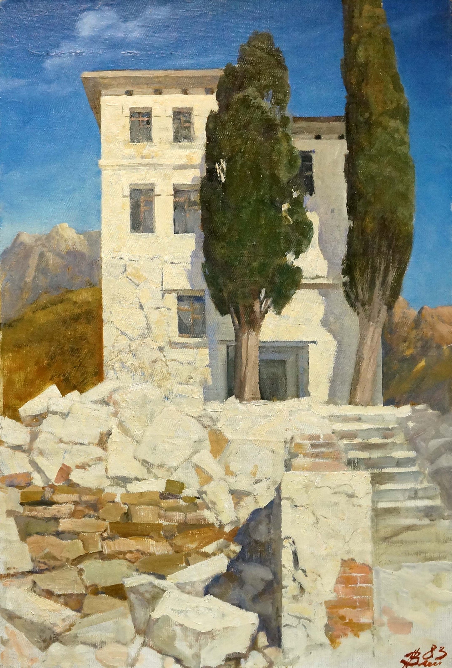 Oil painting of house in mountains by Vasyukov Petr Petrovich
