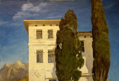 Oil painting of house in mountains by Vasyukov Petr Petrovich