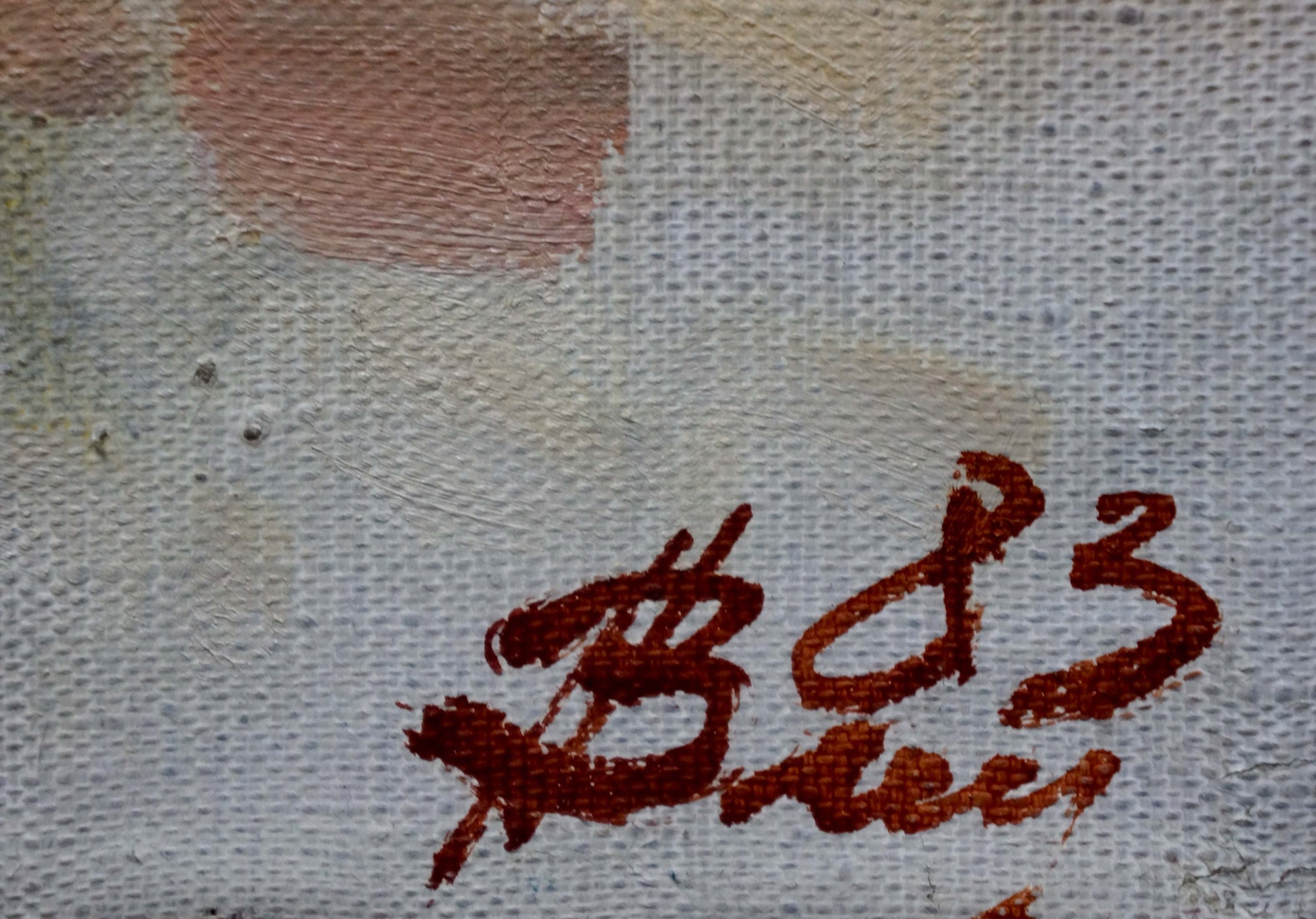 Red cursive signature by Vasyukov Petr Petrovich on textured canvas back of oil painting