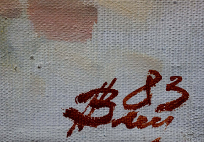 Red cursive signature by Vasyukov Petr Petrovich on textured canvas back of oil painting