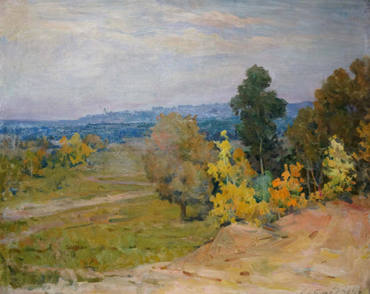 Oil painting of autumn woodland scene with golden green trees cloudy sky