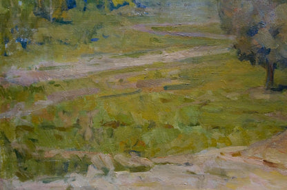 Textured impressionist oil painting of autumn woodland scene with sunlit field