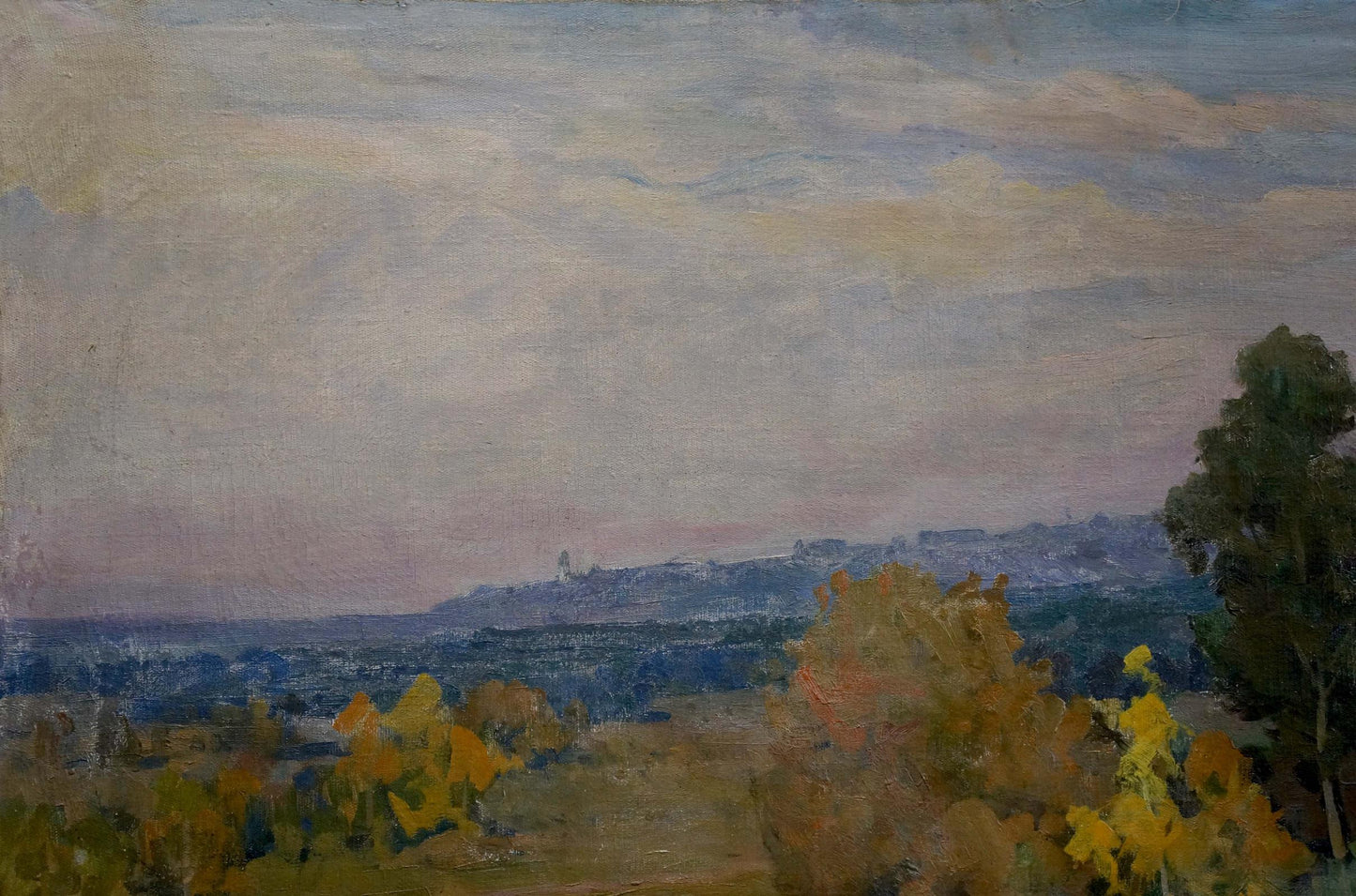 Oil painting of autumn woodland scene with hazy sky and orange hills