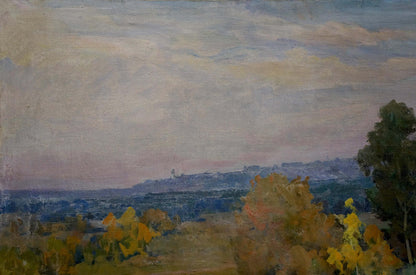 Oil painting of autumn woodland scene with hazy sky and orange hills