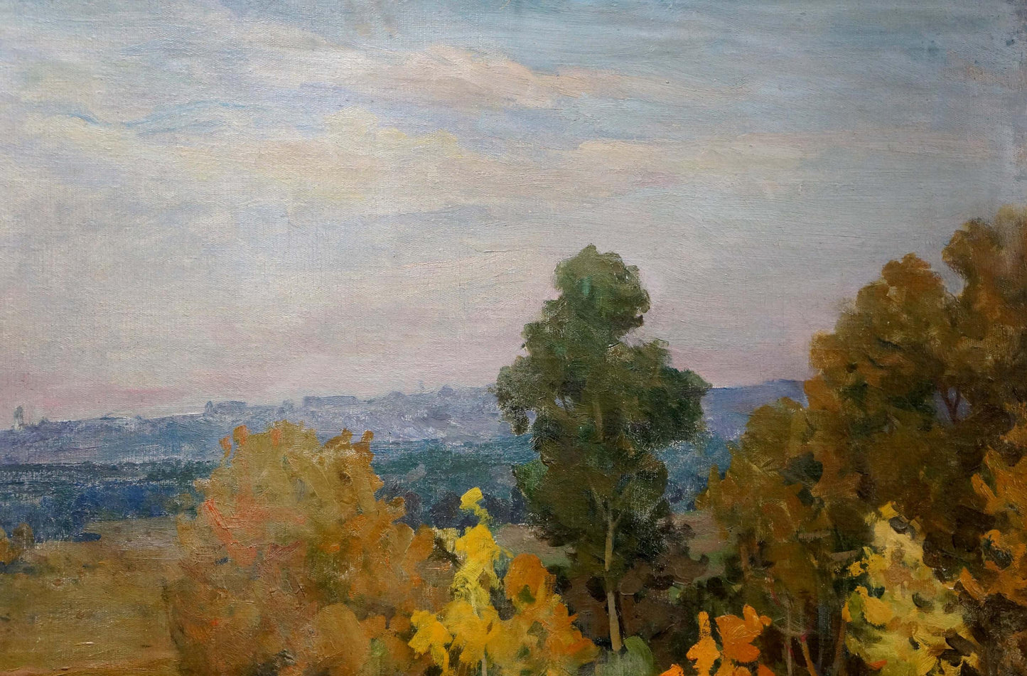 Oil painting of autumn woodland scene with yellow trees, unknown artist