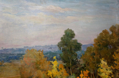 Oil painting of autumn woodland scene with yellow trees, unknown artist