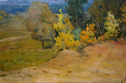 Impressionistic oil painting of autumn woodland scene with golden trees in sunlit field