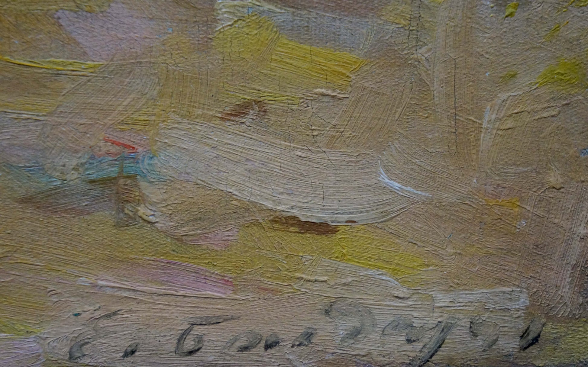 Oil painting of autumn woodland scene with thick brushstrokes in earthy tones