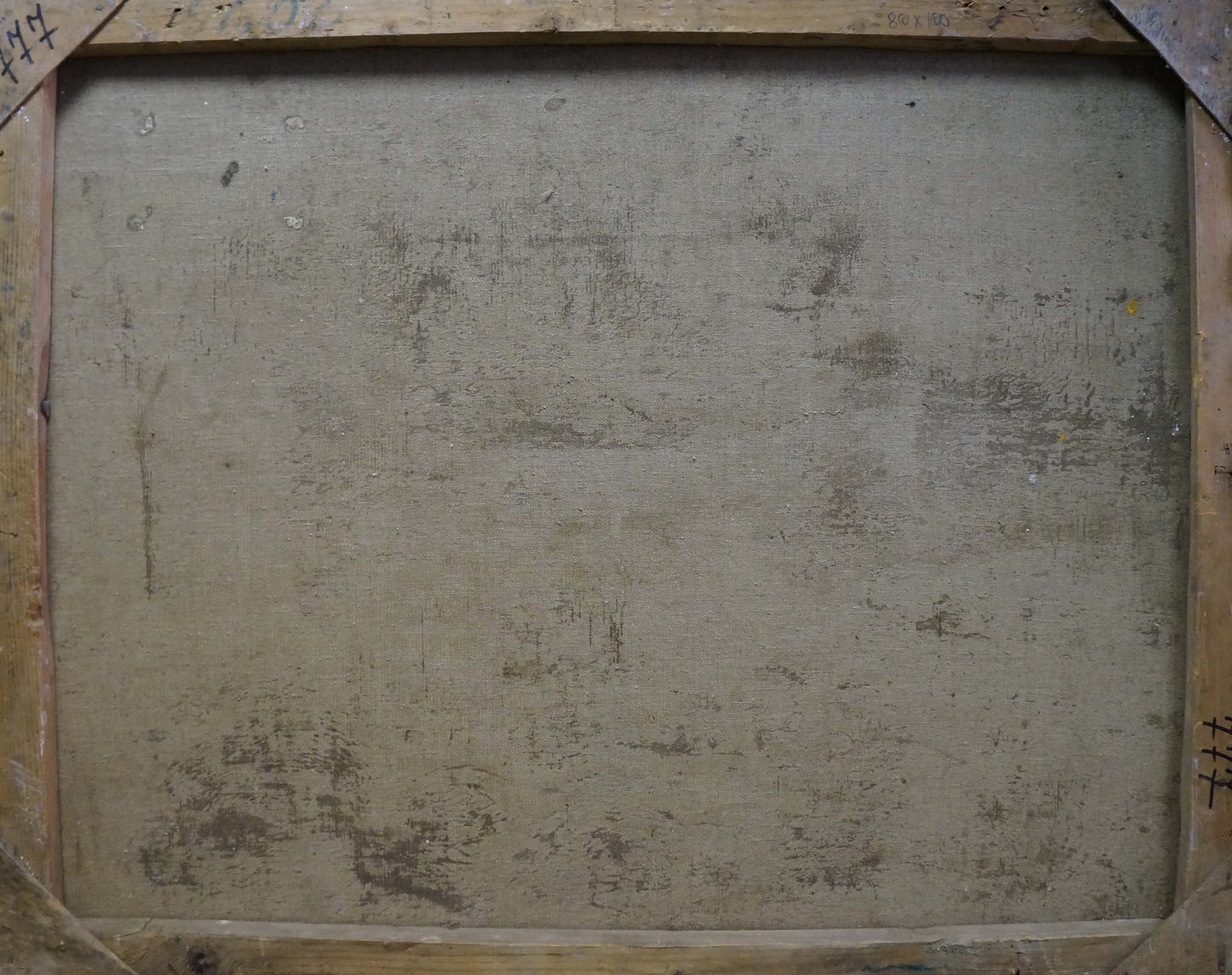 Weathered gray canvas back of oil painting Autumn Woodland Scene in wooden frame