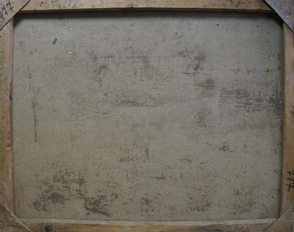 Weathered gray canvas back of oil painting Autumn Woodland Scene in wooden frame